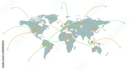 A world map illustrating global connections and data flow between various international locations.