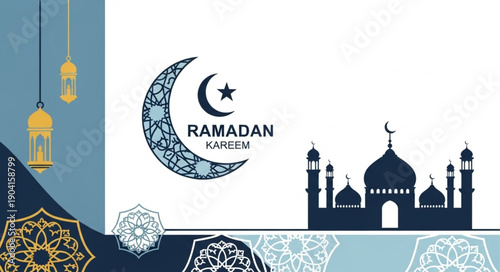 Ramadan Kareem greeting with mosque and crescent moon.