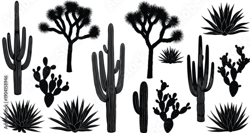 Desert cactus silhouette vector set, saguaro and joshua tree collection, agave and prickly pear graphics, wild west nature icons isolated on white, cactus.