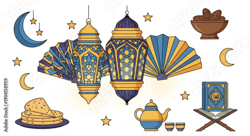Ramadan Kareem decorative elements with lanterns dates and crescent moon.