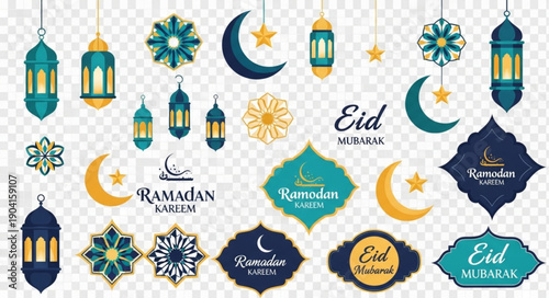 Ramadan Kareem and Eid Mubarak Islamic Symbols and Lanterns Collection.