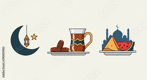 Ramadan Islamic symbols dates tea and mosque illustration.