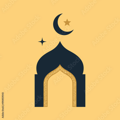 A stylized illustration of a mosque silhouette with a crescent moon and star against a warm yellow background, representing Islamic culture and religion.