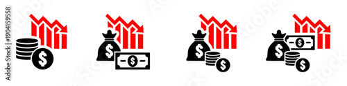 Set of decrease finance icon vector for recession themes. Symbolizes loss, falling graphs, and budget cuts. Ideal for economic reports.