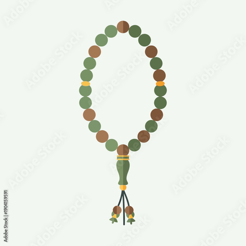 Illustration of Islamic prayer beads with green and brown beads and a decorative tassel.