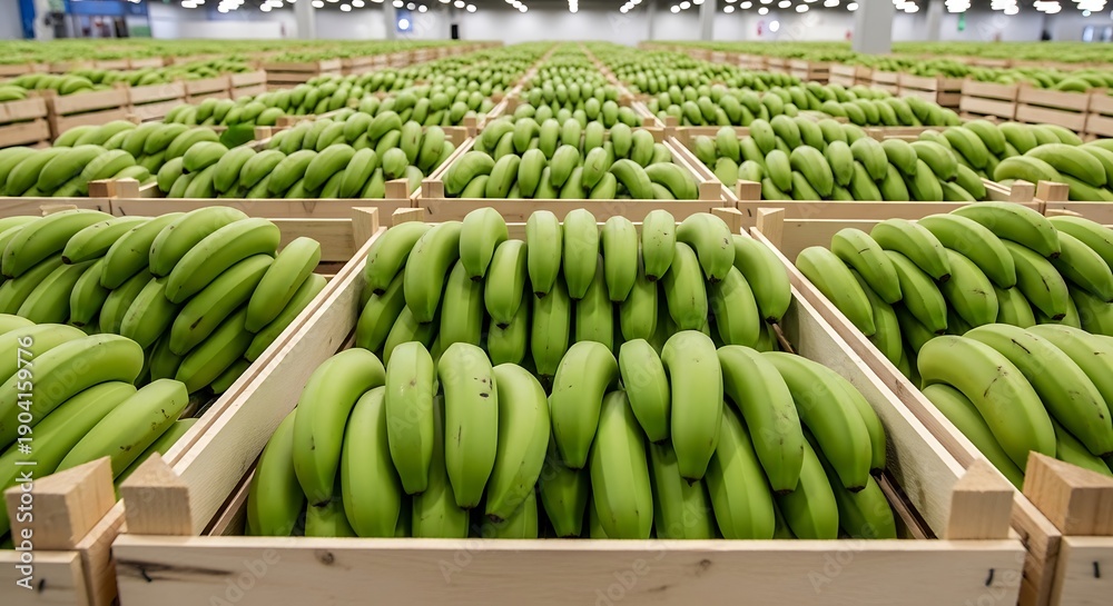 Fototapeta premium Rows of green unripe bananas in wooden crates in a large warehouse setting