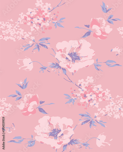 Big flowers pattern, upscale floral pattern. graphical textures floral, trendy colors pattern , flowers background with leaves. vector illustration.