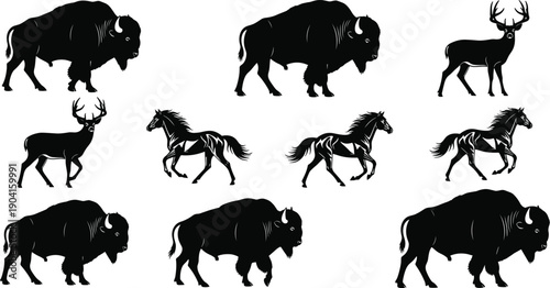 Large set of black wild west silhouettes including bison deer horses and various desert plants isolated on white background for nature design elements,