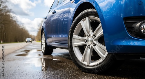 Wallpaper Mural Closeup of blue car wheel on a wet road with another car in the background silver rim Torontodigital.ca