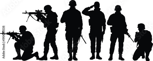 Military soldier silhouettes armed forces tactical army men standing kneeling saluting weapon defense security combat black vector illustration collection