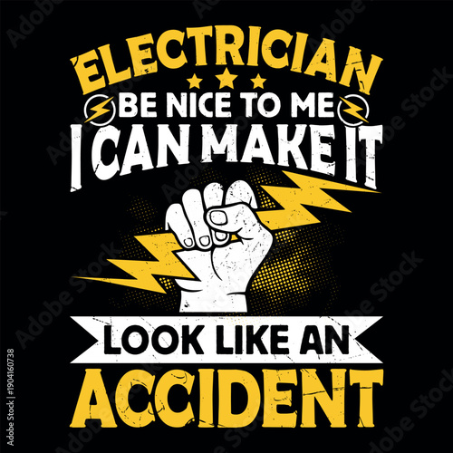 T-shirt design humorous graphic design featuring an electrician's warning message on a black background