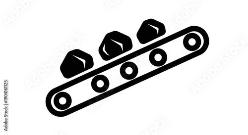 Iconic black and white illustration of a conveyor belt moving three rocks or pieces of coal, representing industrial processing and material handling.