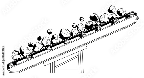 A black and white line drawing of an inclined conveyor belt transporting rocks or coal upwards.