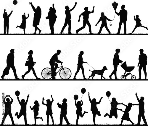 Silhouettes of people of all ages engaged in various outdoor recreational activities on a grassy field under a clear sky