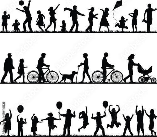 Silhouettes of people of all ages engaged in outdoor activities like playing, cycling, and flying kites on grass