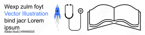 Education, healthcare, technology, innovation, learning, exploration. Blue rocket, stethoscope and open book icons on a white background. Education and healthcare concepts