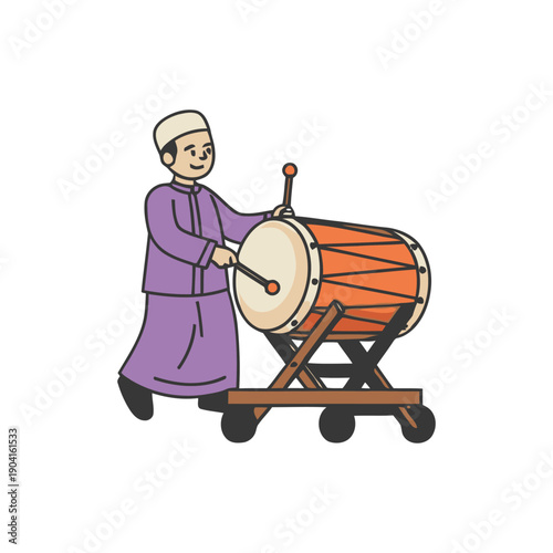 Man in traditional attire playing a large drum on a wheeled stand.