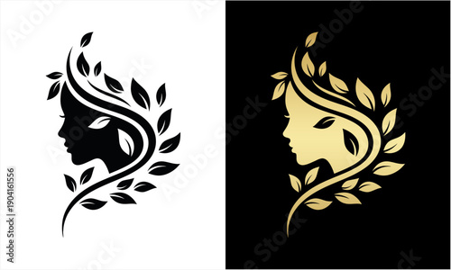 Elegant Woman Silhouette with Flowing Leaves Hair Design.