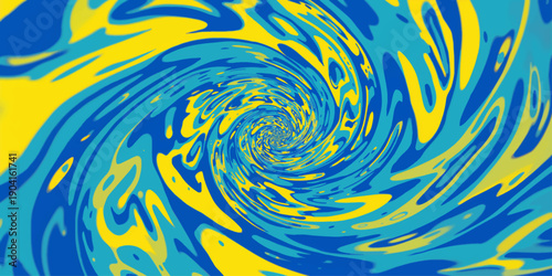 An abstract blue and yellow fractal pattern with a swirling vortex design creates a colorful motion wave of light and texture in this artistic spiral space illustration wallpaper