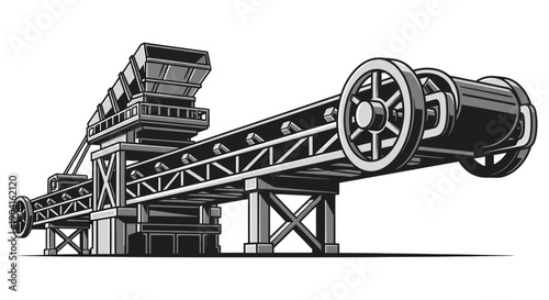 Industrial conveyor belt system with hopper and large wheels for material transport.