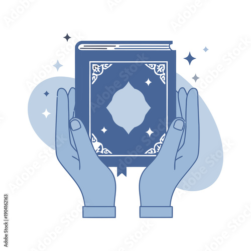 Hands holding a sacred blue book with intricate designs and stars.