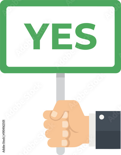 A hand holding a sign that says yes, conveying agreement or approval in a simple graphic illustration.