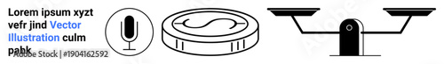 Communication, finance, law, balance, fairness, decision-making. Black and white icons showing a microphone, dollar coin and balance scale. Communication and finance concepts in modern design
