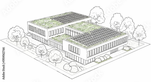 Isometric line drawing of a modern building with green roofs and solar panels, surrounded by trees.