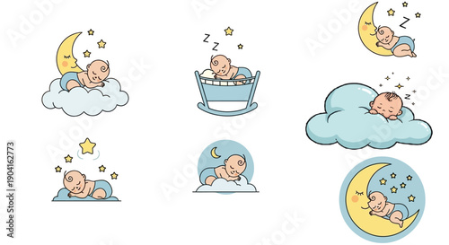Collection of cute illustrations depicting babies sleeping peacefully on clouds, cradles, and crescent moons under starry skies.