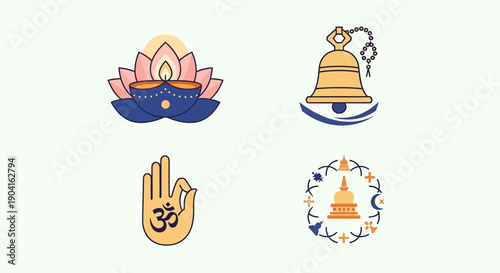 A collection of four distinct religious and spiritual symbols, including a lotus lamp, a bell, a hand gesture, and a stupa, presented in a clean, flat design.