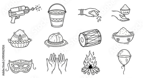 Line art icons depicting various elements and traditions of the vibrant Hindu festival of Holi, including pichkari, colors, sweets, drums, masks, and a bonfire.