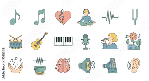 A collection of icons representing various aspects of music, sound, and auditory perception, including musical notes, instruments, and human interaction with sound.