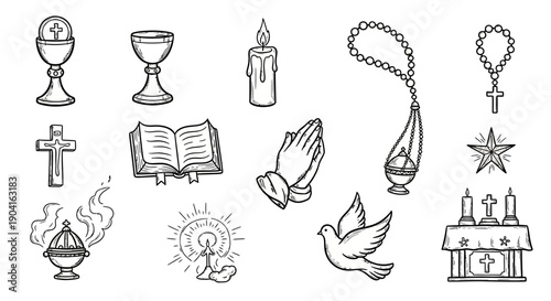 A collection of hand-drawn religious symbols and objects, including a chalice, cross, Bible, praying hands, dove, and altar.
