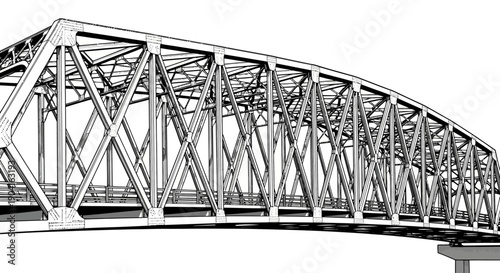 Detailed black and white line drawing of a large metal truss bridge structure.