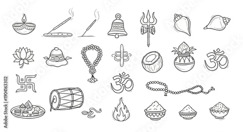 A collection of hand-drawn Hindu religious symbols and items used in worship and rituals, presented in a black and white line art style.