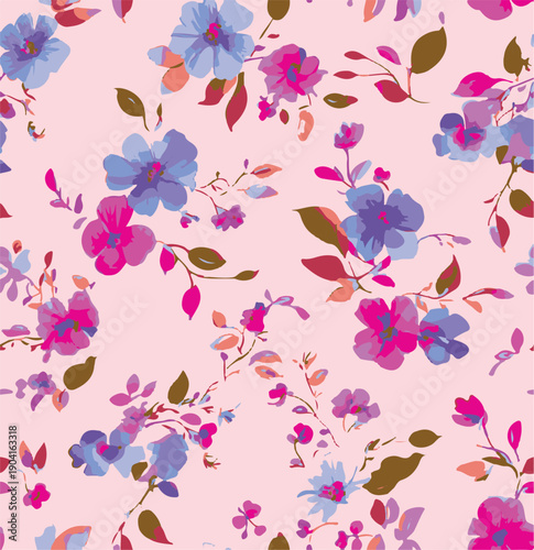 Big flowers pattern, upscale floral pattern. graphical textures floral, trendy colors pattern , flowers background with leaves. vector illustration.
