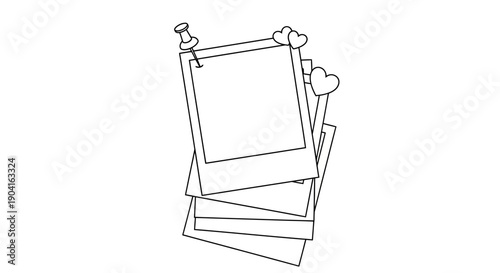 Line art drawing of a stack of blank instant photo frames with a thumbtack and heart decorations.