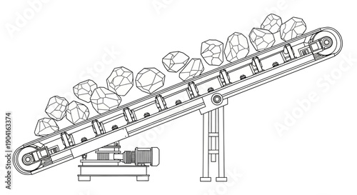 Outline drawing of an industrial conveyor belt system moving large rocks uphill for material handling.