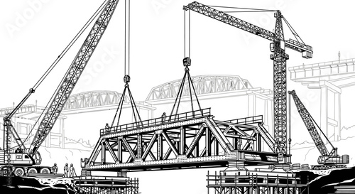 Detailed illustration of large cranes lifting a bridge section during construction.