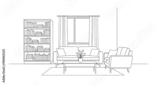 Line art drawing of a cozy living room interior with furniture and a window.