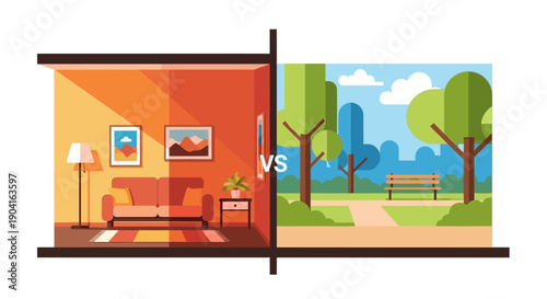 Split view showing a cozy indoor living space contrasted with an open outdoor park scene in daylight.