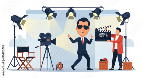 Vibrant Stage Performance With Singer, Crew, And Bright Spotlights On a Busy Film Set.