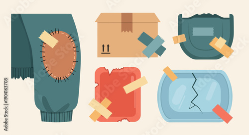 Colorful flat icons representing personal protective equipment and safety items in a modern vector illustration.