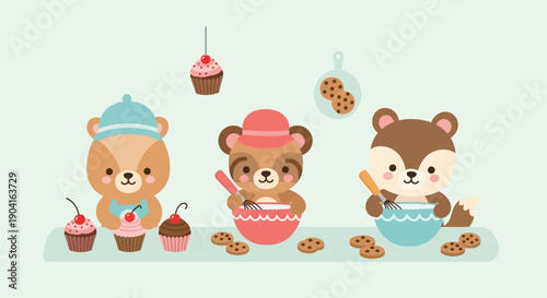 Playful bear Trio baking cookies and pastries in a cute cartoon kitchen scene.