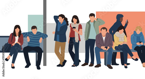 Diverse group of commuters waiting and sitting in a transit station.