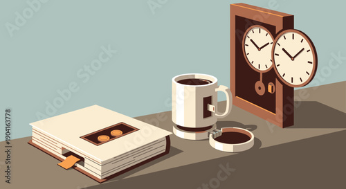 Still life desk scene with coffee, book, and vintage clocks on a calm, minimalist workspace.