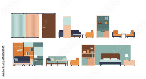 Modern interior bedroom design with colorful furniture and storage units across multiple rooms.