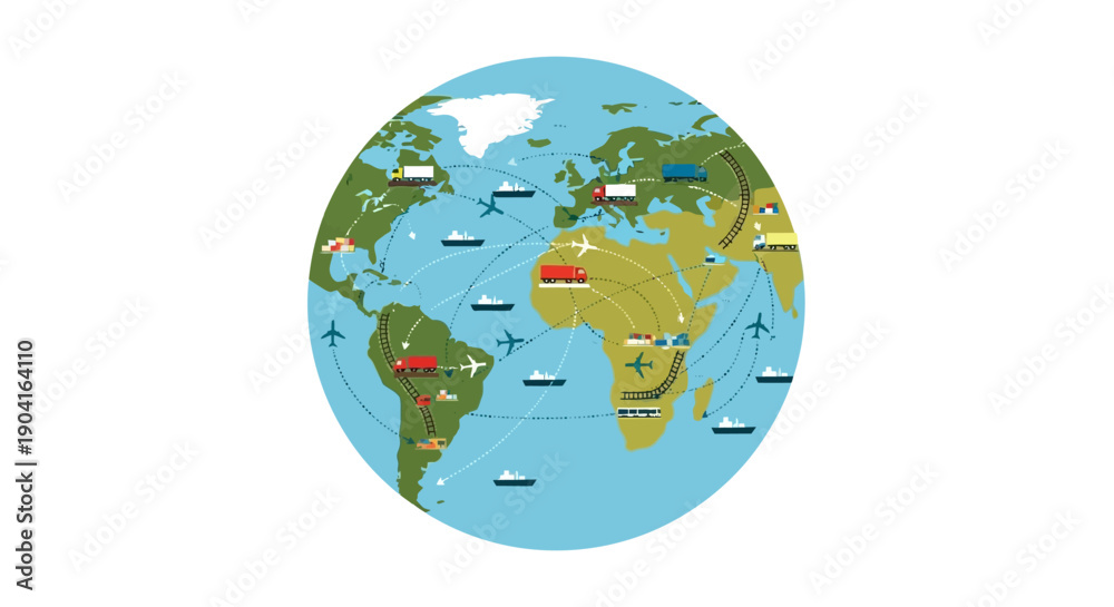 Obraz premium A detailed illustration of global logistics and supply chain networks across continents.