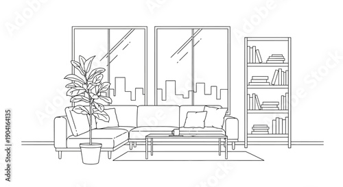 Line art illustration of a modern living room with a sofa, coffee table, plant, and city view.