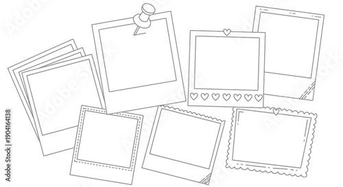 Outline drawing of various blank instant photo frames with different decorative elements.